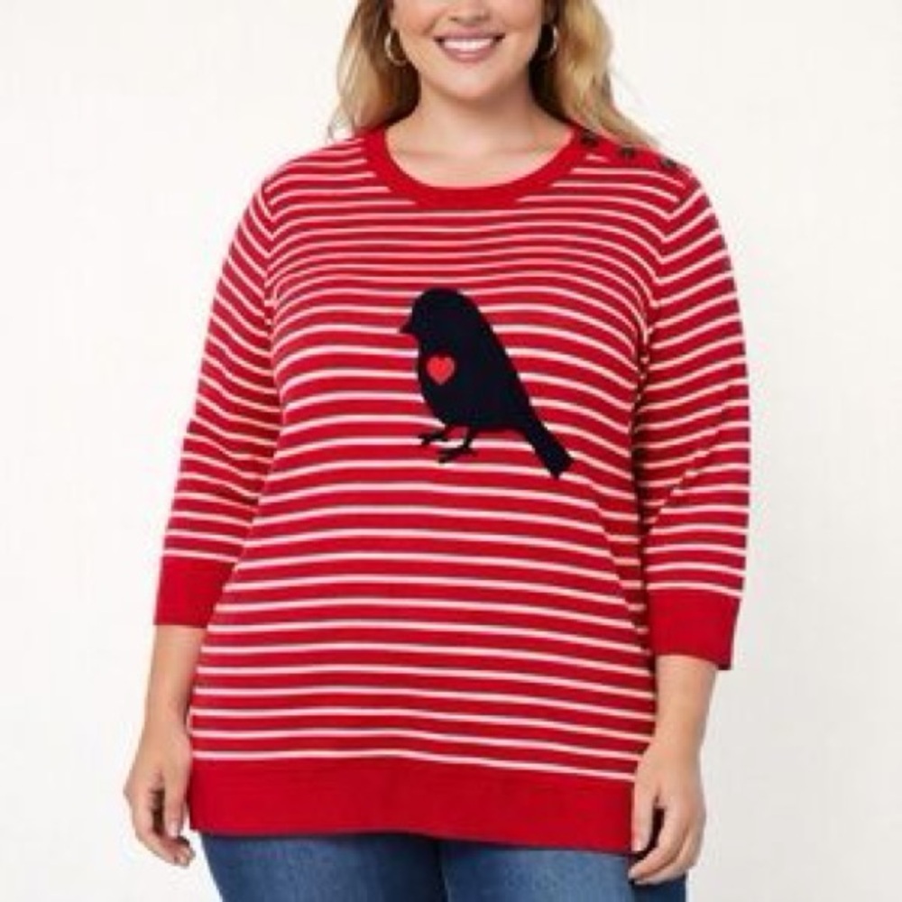 Talbots Red and White Striped Sweater with Bird Motif